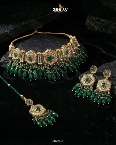 Precious Diamond CutStone Bridal Set Green Bridal Set - Zeesy Jewellery Pakistan | Premium Artificial & Imitation Jewellery