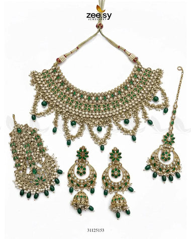 Rich Bold Hand Sculpt Bridal Set Green Bridal Set - Zeesy Jewellery Pakistan | Premium Artificial & Imitation Jewellery