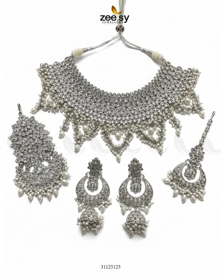Rich Bold Hand Sculpt Bridal Set Silver Bridal Set - Zeesy Jewellery Pakistan | Premium Artificial & Imitation Jewellery