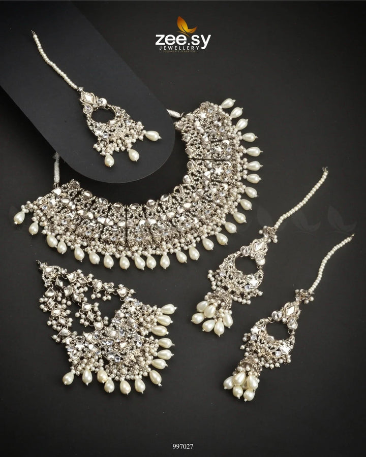 Twirling Bridal Set Silver White Bridal Set - Zeesy Jewellery Pakistan | Premium Artificial & Imitation Jewellery