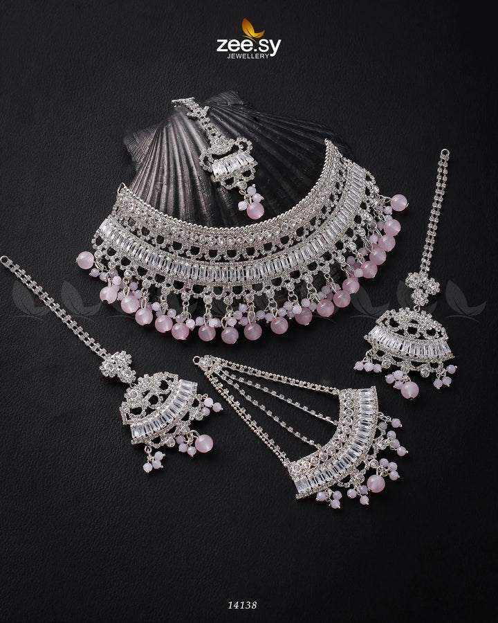 Starlit Bridal Set Silver Mint Pink Bridal Set - Zeesy Jewellery Pakistan | Premium Artificial & Imitation Jewellery