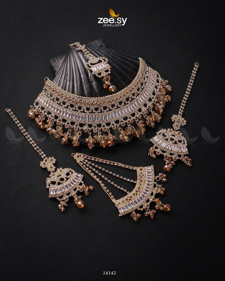Starlit Bridal Set Golden Champagne Bridal Set - Zeesy Jewellery Pakistan | Premium Artificial & Imitation Jewellery