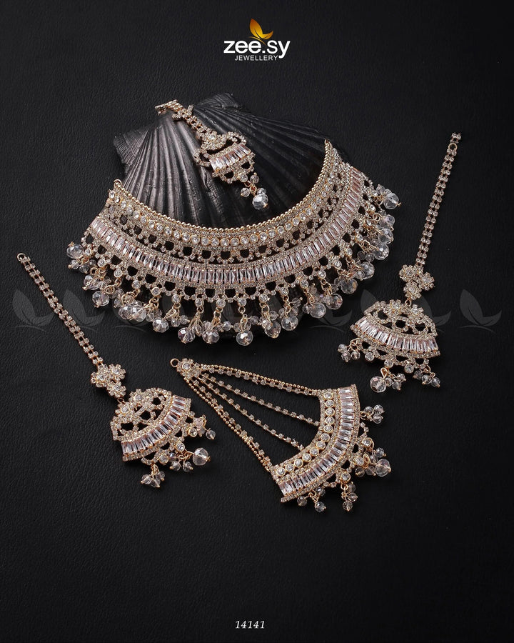 Starlit Bridal Set Golden White Bridal Set - Zeesy Jewellery Pakistan | Premium Artificial & Imitation Jewellery