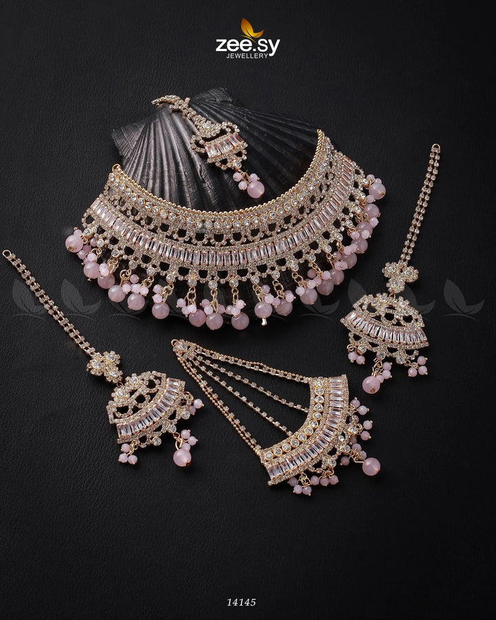 Starlit Bridal Set Golden Mint Pink Bridal Set - Zeesy Jewellery Pakistan | Premium Artificial & Imitation Jewellery