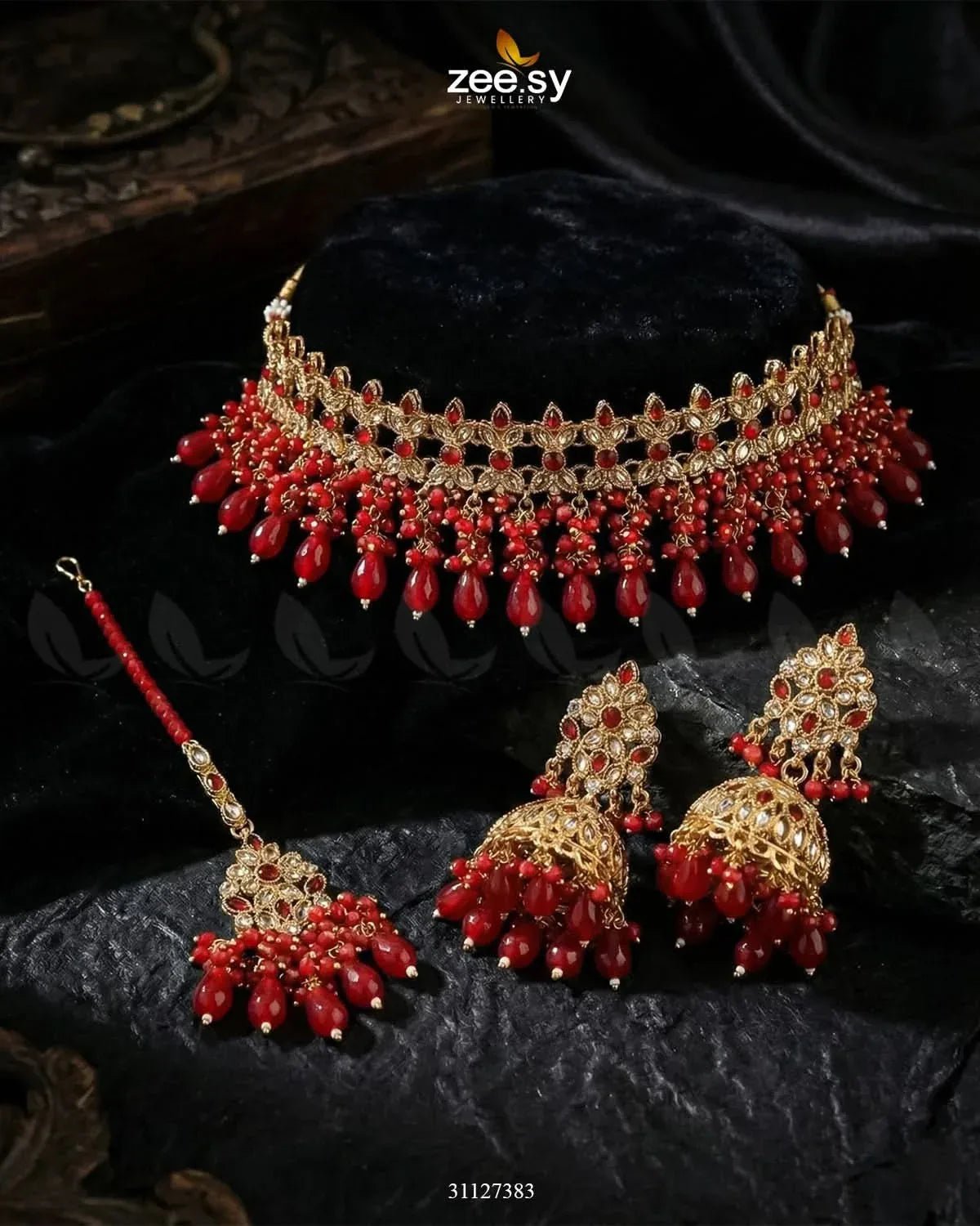 Brides Whisper Pearl Bridal Set Red Bridal Set - Zeesy Jewellery Pakistan | Premium Artificial & Imitation Jewellery