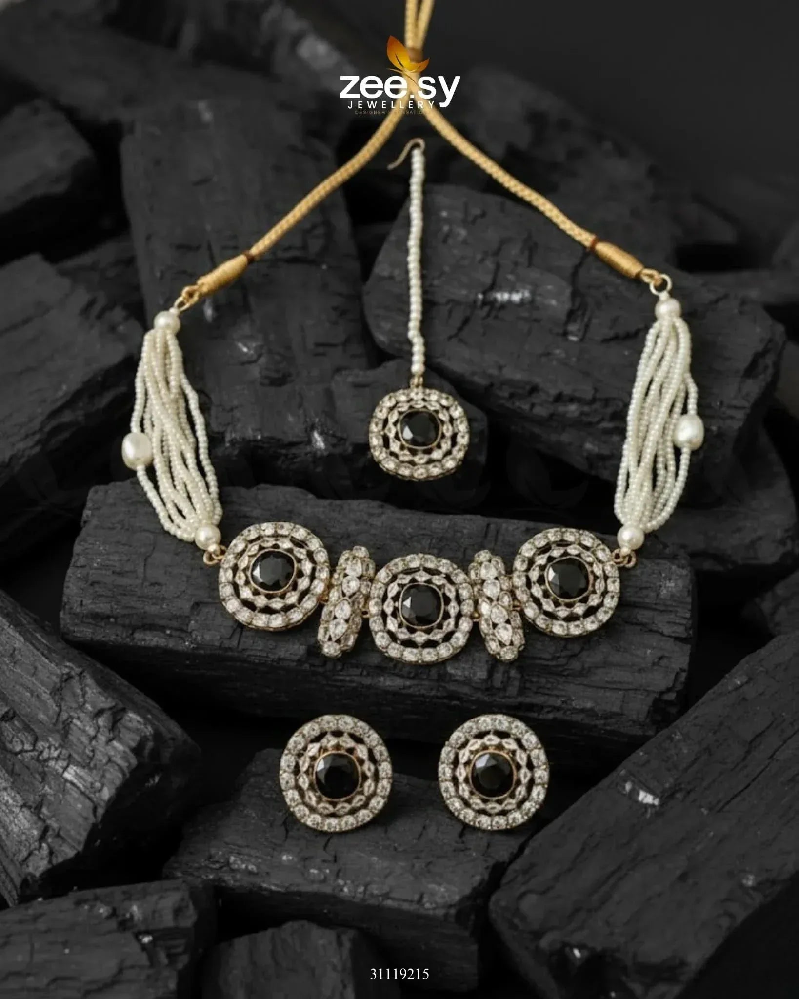 Equinox Stone Pearl Choker Set Golden Black choker - Zeesy Jewellery Pakistan | Premium Artificial & Imitation Jewellery