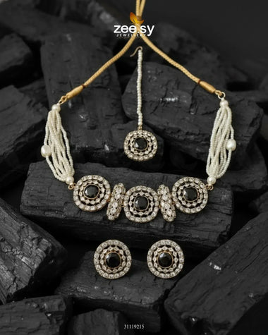 Equinox Stone Pearl Choker Set Golden Black choker - Zeesy Jewellery Pakistan | Premium Artificial & Imitation Jewellery