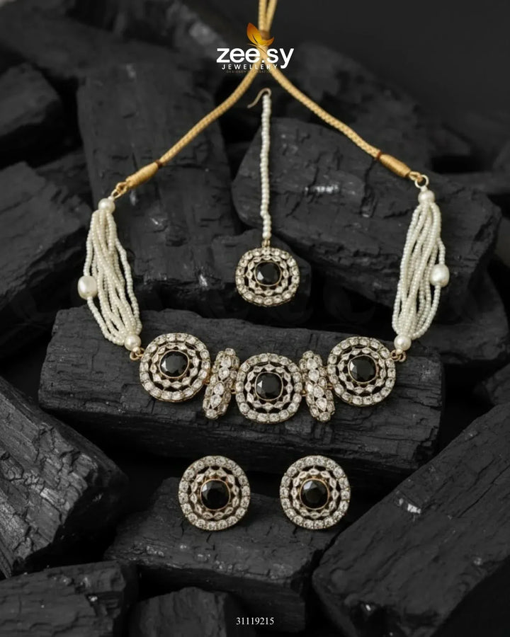 Equinox Stone Pearl Choker Set Golden Black choker - Zeesy Jewellery Pakistan | Premium Artificial & Imitation Jewellery