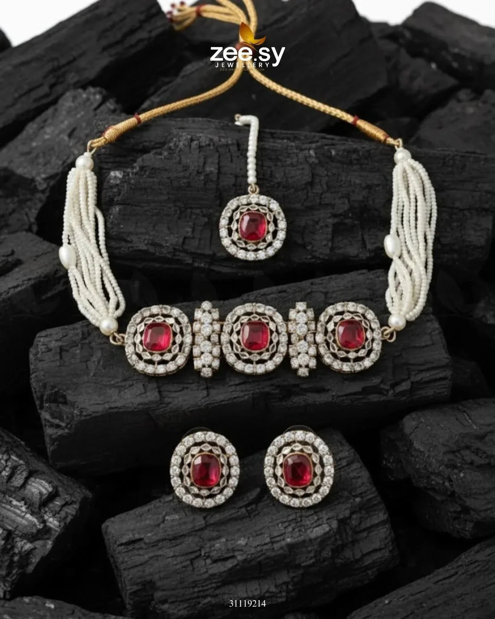 Equinox Stone Pearl Choker Set Golden Red choker - Zeesy Jewellery Pakistan | Premium Artificial & Imitation Jewellery