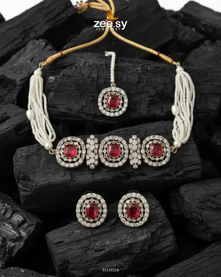 Equinox Stone Pearl Choker Set Golden Red choker - Zeesy Jewellery Pakistan | Premium Artificial & Imitation Jewellery