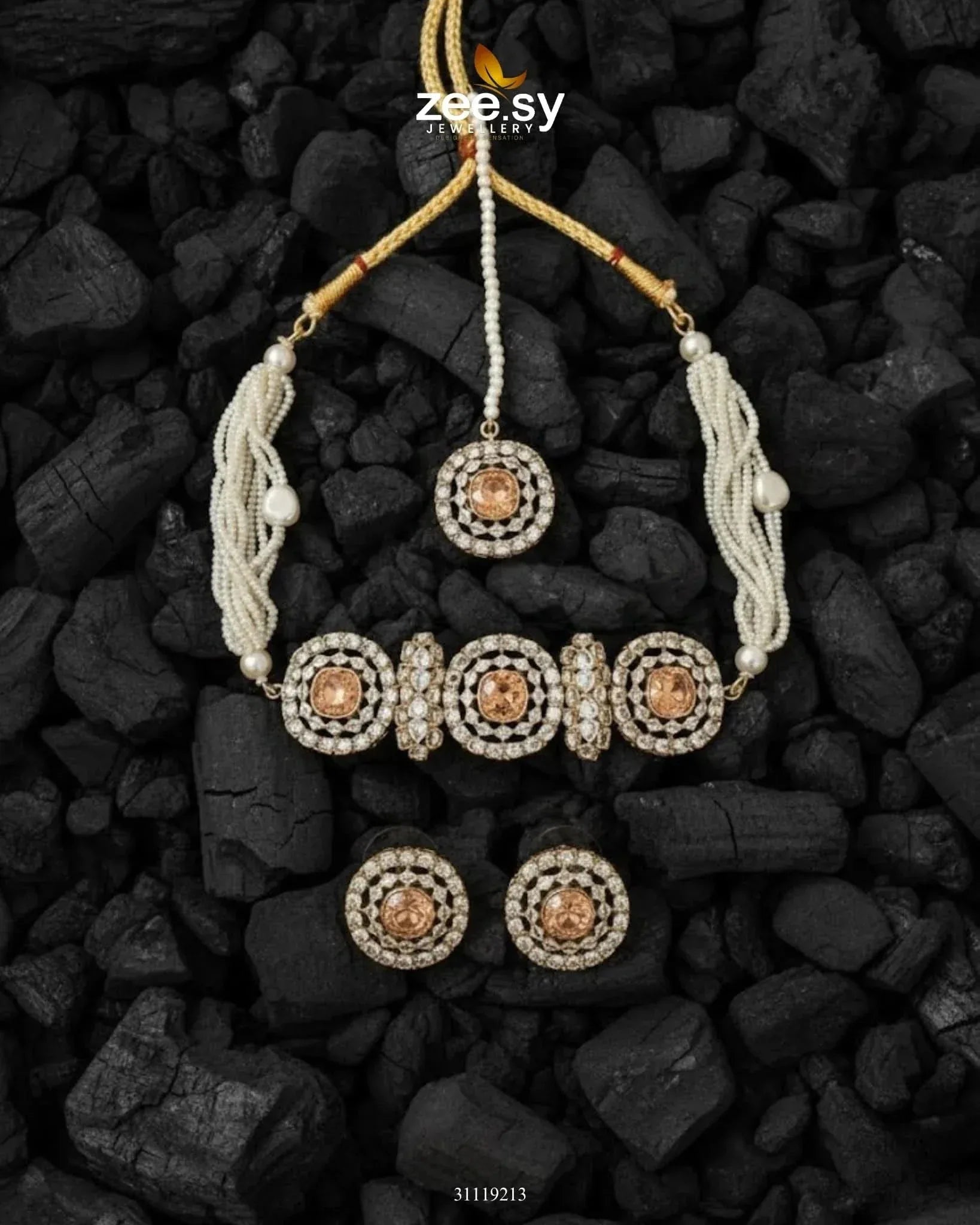 Equinox Stone Pearl Choker Set Golden Champagne choker - Zeesy Jewellery Pakistan | Premium Artificial & Imitation Jewellery