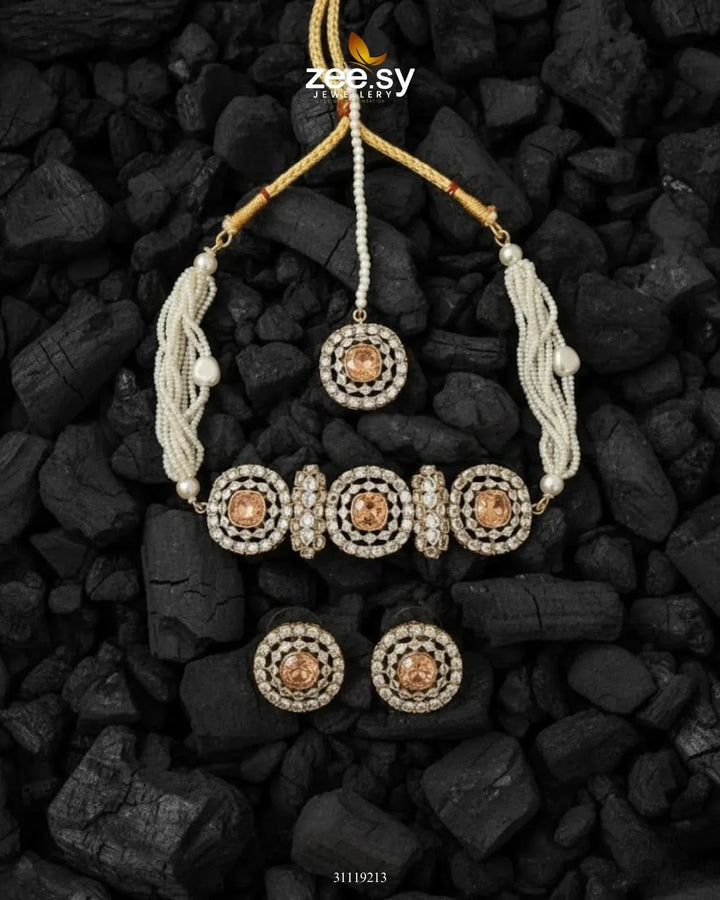 Equinox Stone Pearl Choker Set Golden Champagne choker - Zeesy Jewellery Pakistan | Premium Artificial & Imitation Jewellery