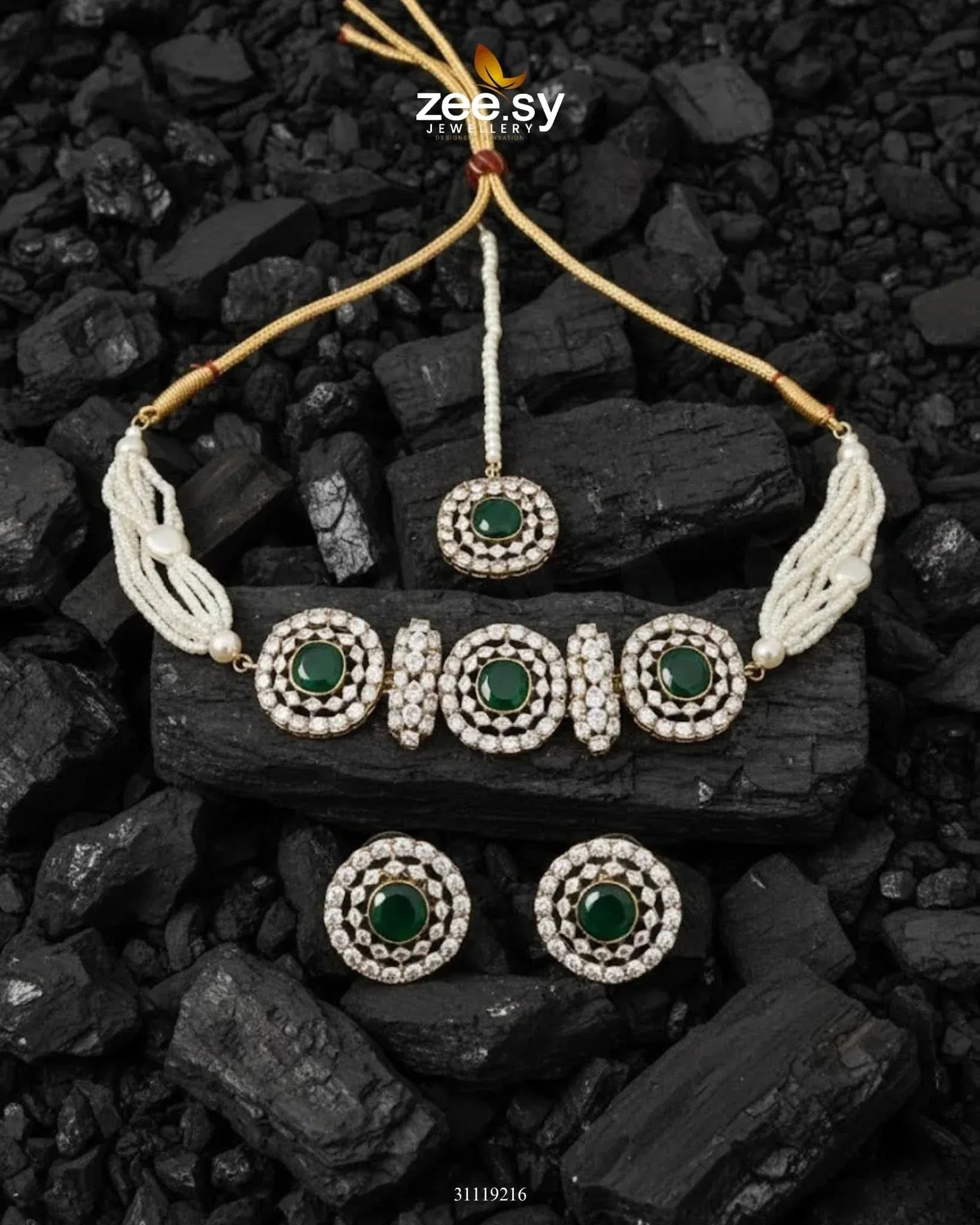 Equinox Stone Pearl Choker Set Golden Green choker - Zeesy Jewellery Pakistan | Premium Artificial & Imitation Jewellery