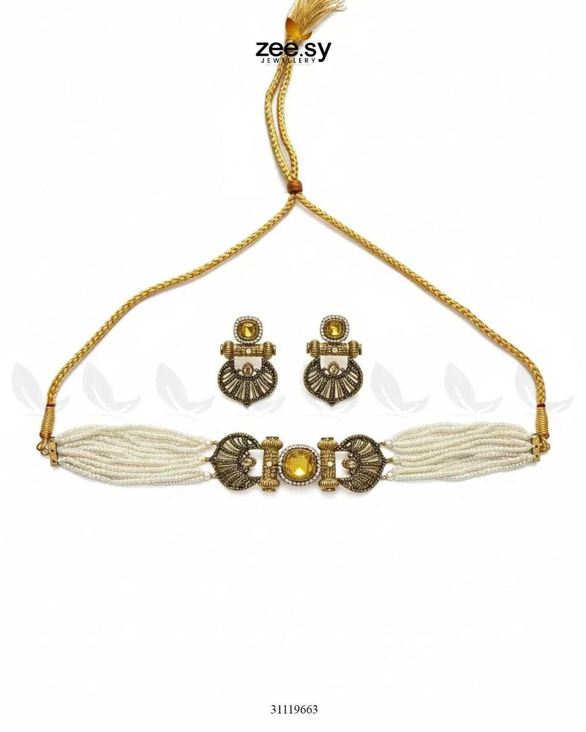 Obelisk Rhodium Polished Choker Set choker - Zeesy Jewellery Pakistan | Premium Artificial & Imitation Jewellery