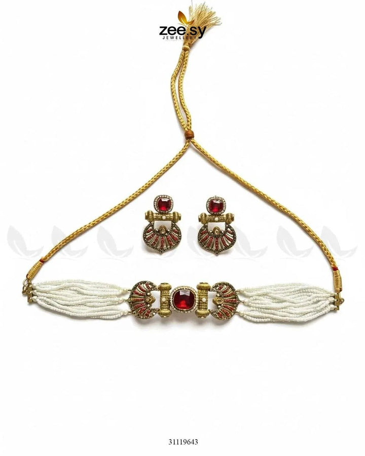 Obelisk Rhodium Polished Choker Set choker - Zeesy Jewellery Pakistan | Premium Artificial & Imitation Jewellery