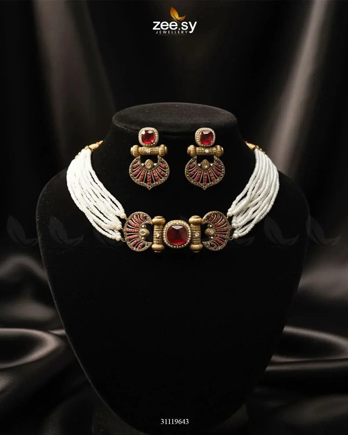 Obelisk Rhodium Polished Choker Set Golden Red choker - Zeesy Jewellery Pakistan | Premium Artificial & Imitation Jewellery