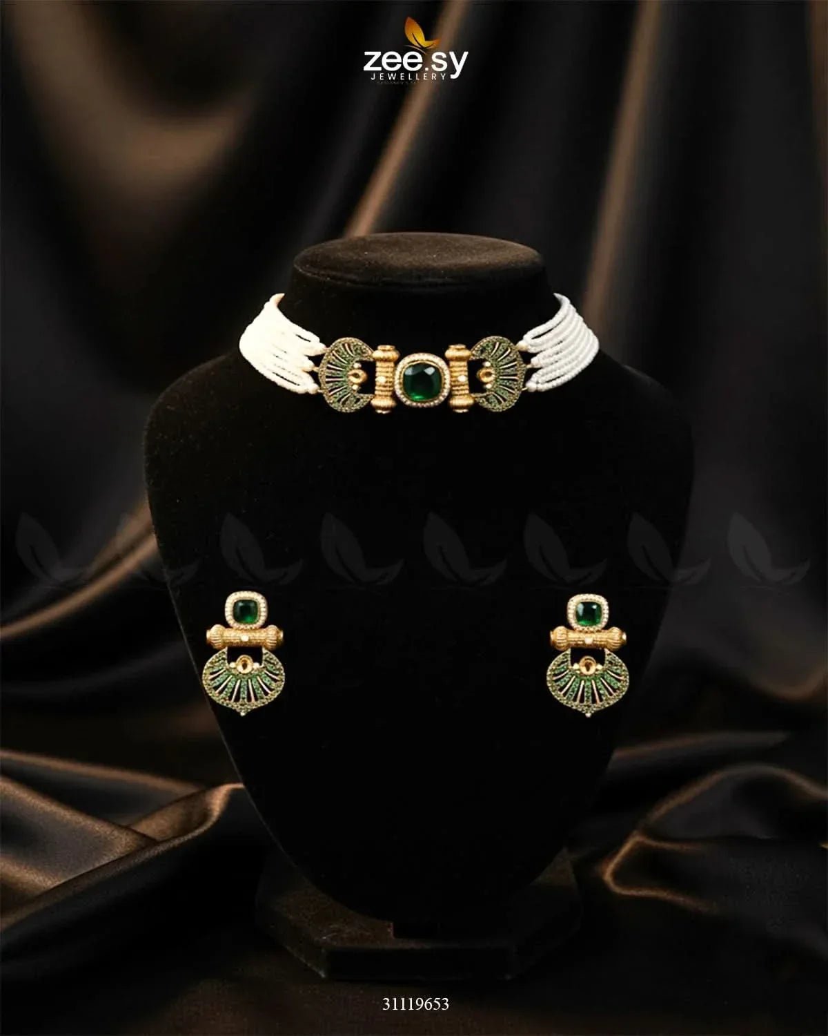 Obelisk Rhodium Polished Choker Set Golden Green choker - Zeesy Jewellery Pakistan | Premium Artificial & Imitation Jewellery