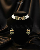 Obelisk Rhodium Polished Choker Set Golden Green choker - Zeesy Jewellery Pakistan | Premium Artificial & Imitation Jewellery