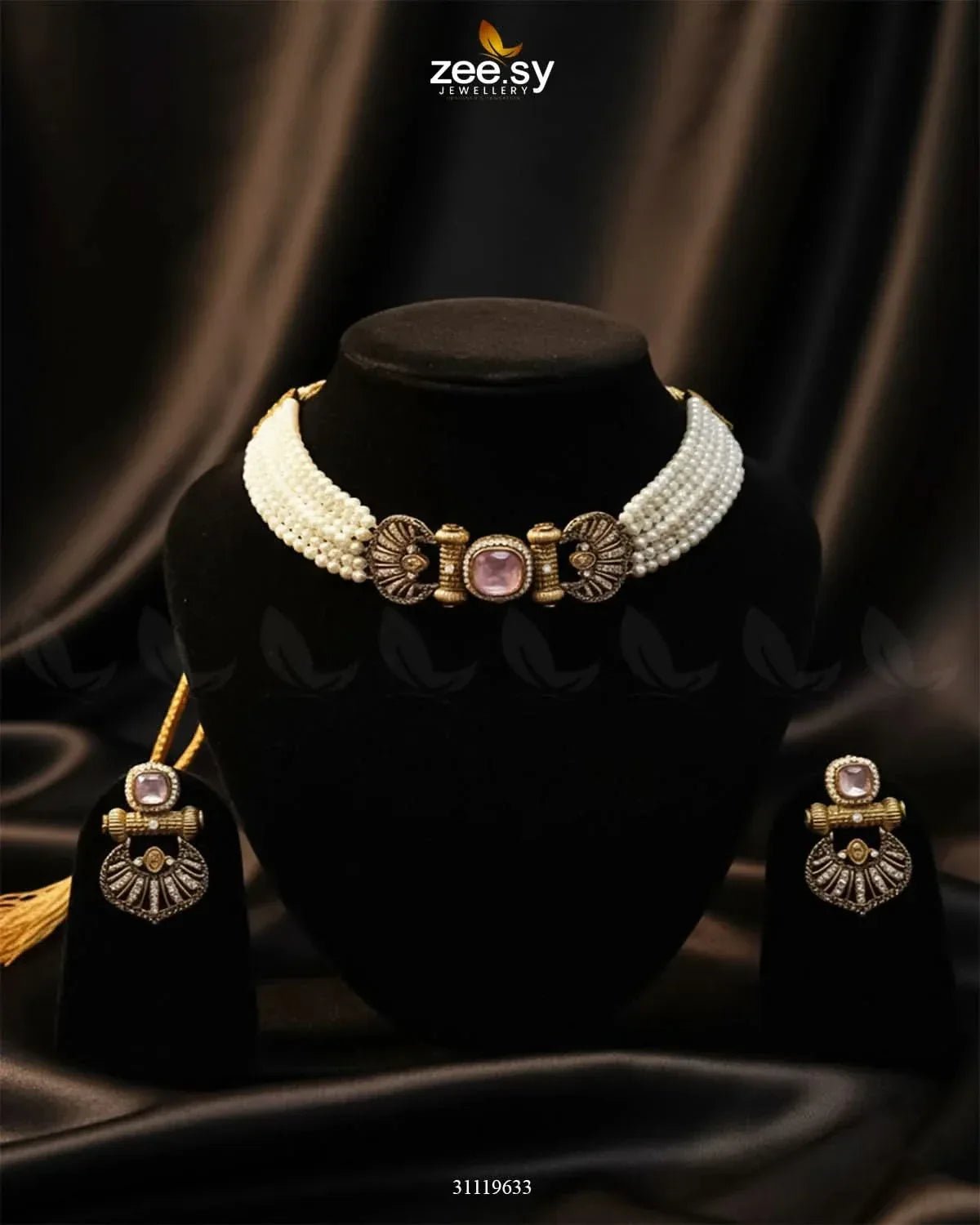 Obelisk Rhodium Polished Choker Set Golden Pink choker - Zeesy Jewellery Pakistan | Premium Artificial & Imitation Jewellery