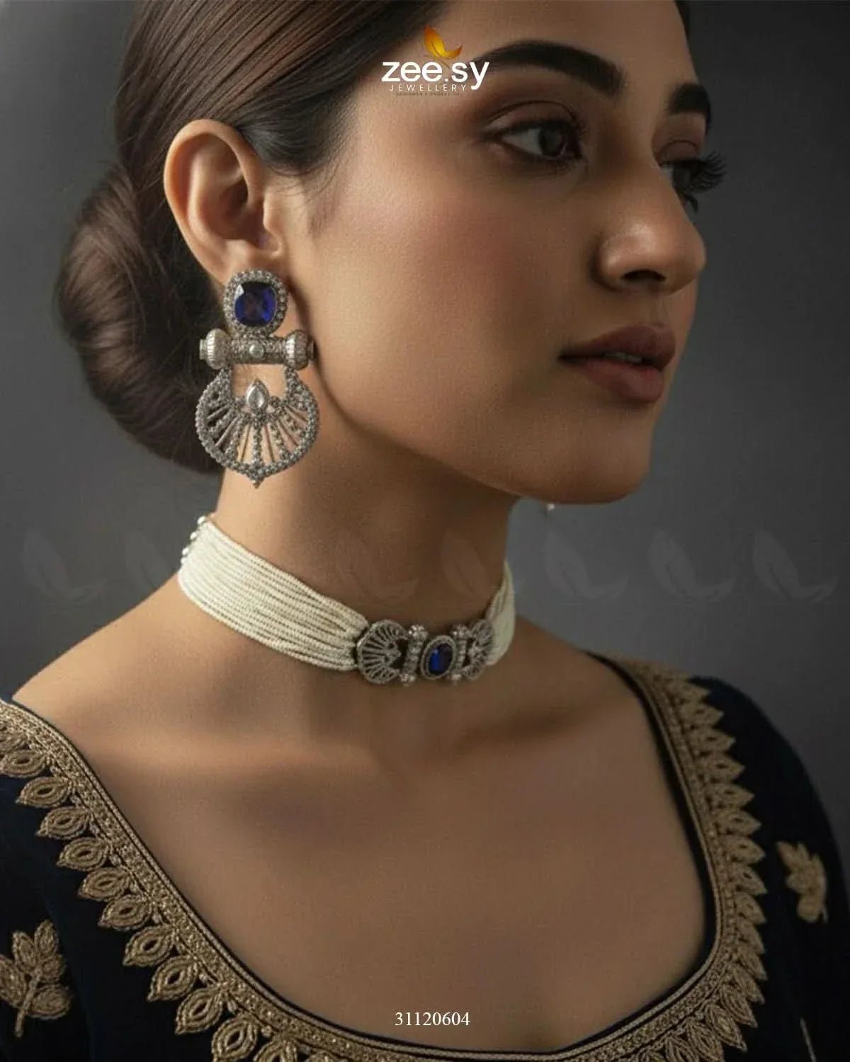 Obelisk Rhodium Polished Choker Set choker - Zeesy Jewellery Pakistan | Premium Artificial & Imitation Jewellery