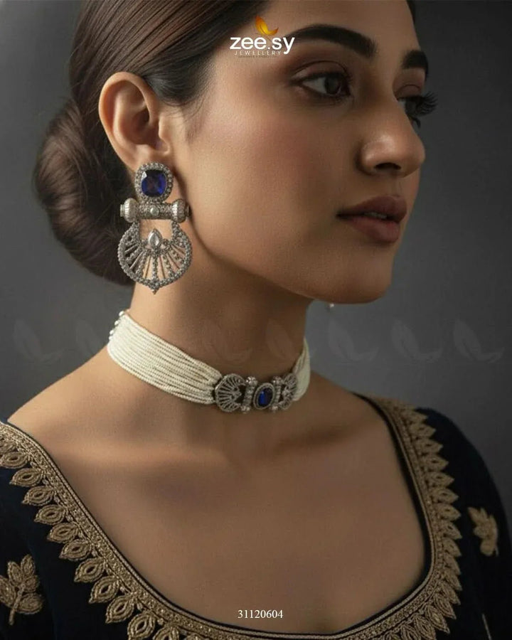 Obelisk Rhodium Polished Choker Set choker - Zeesy Jewellery Pakistan | Premium Artificial & Imitation Jewellery