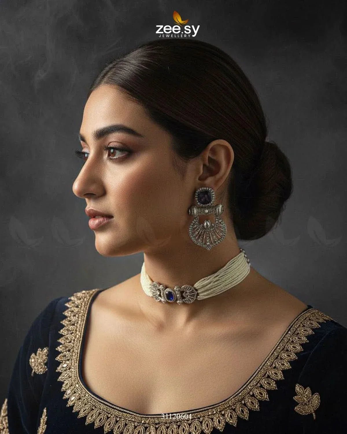 Obelisk Rhodium Polished Choker Set choker - Zeesy Jewellery Pakistan | Premium Artificial & Imitation Jewellery