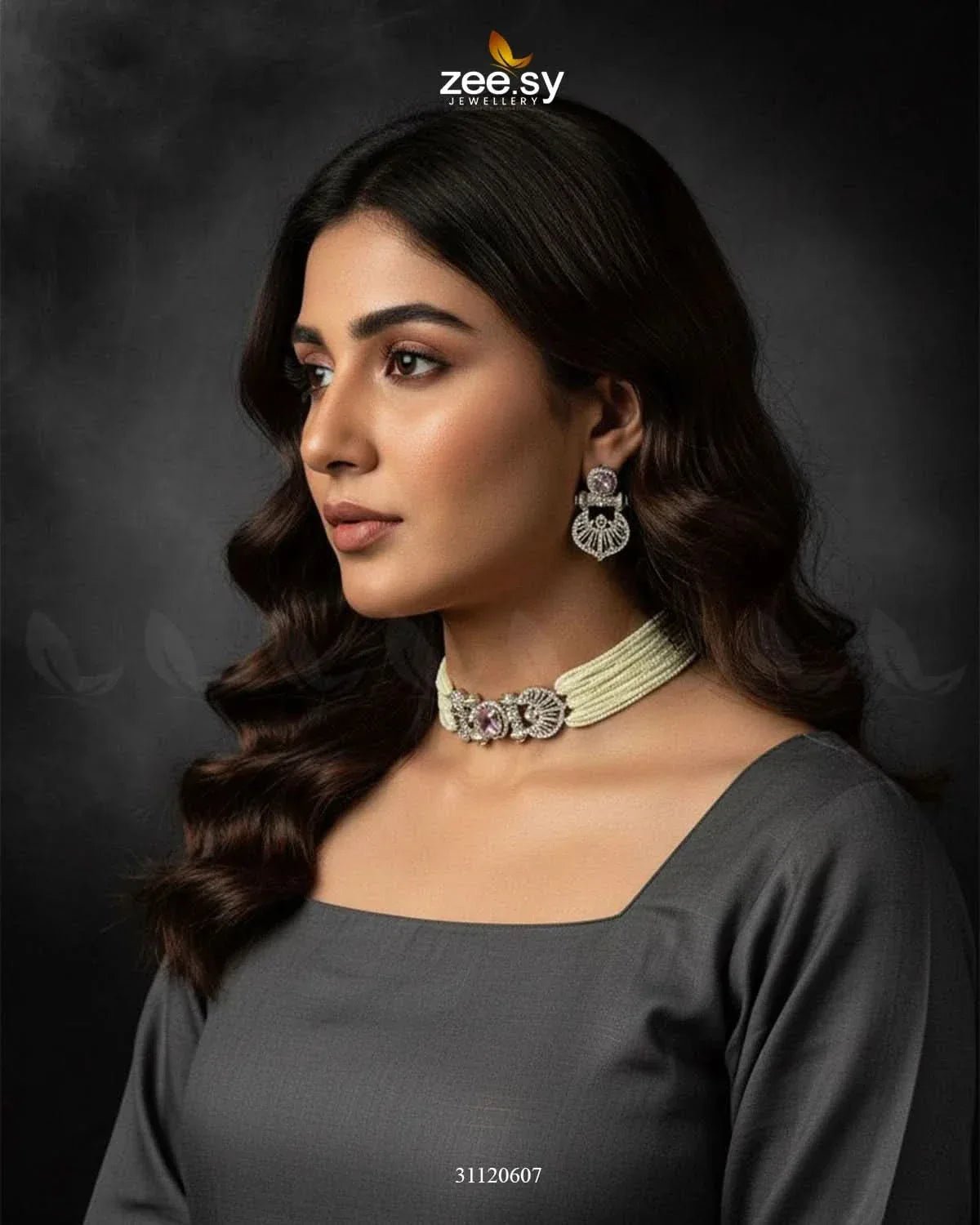 Obelisk Rhodium Polished Choker Set silver pink choker - Zeesy Jewellery Pakistan | Premium Artificial & Imitation Jewellery