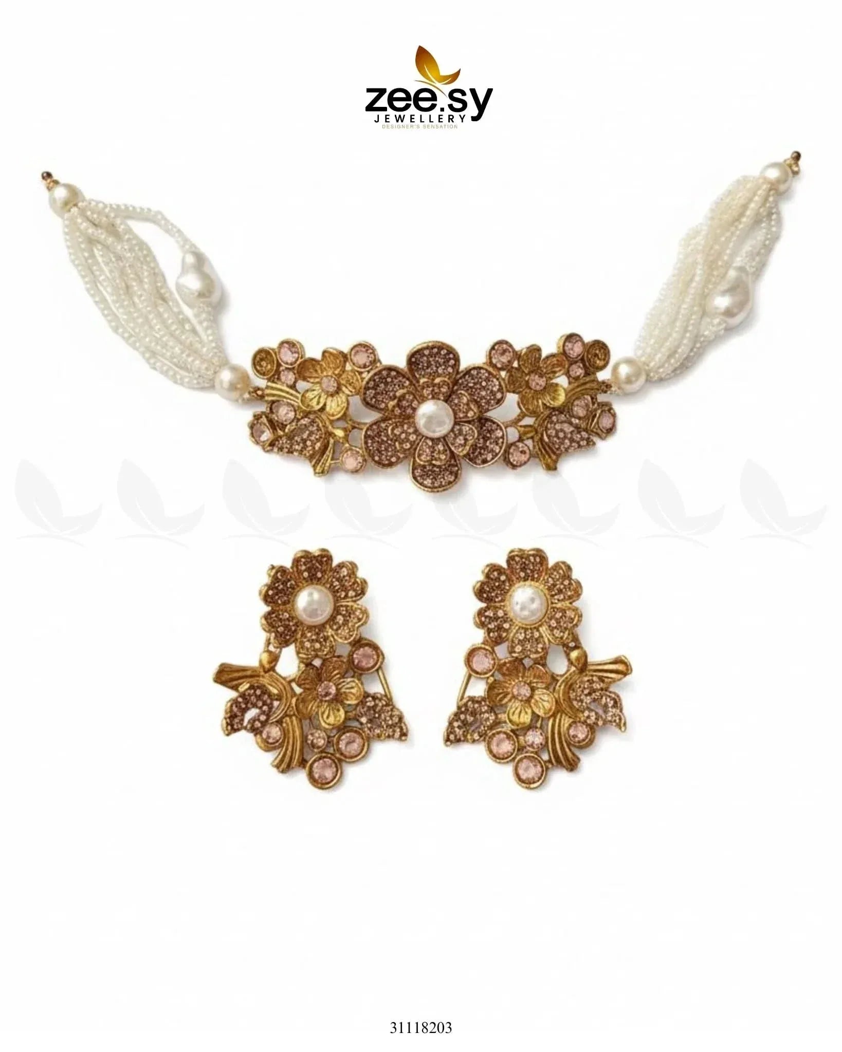 Peony Choker Set Golden Champagne choker - Zeesy Jewellery Pakistan | Premium Artificial & Imitation Jewellery