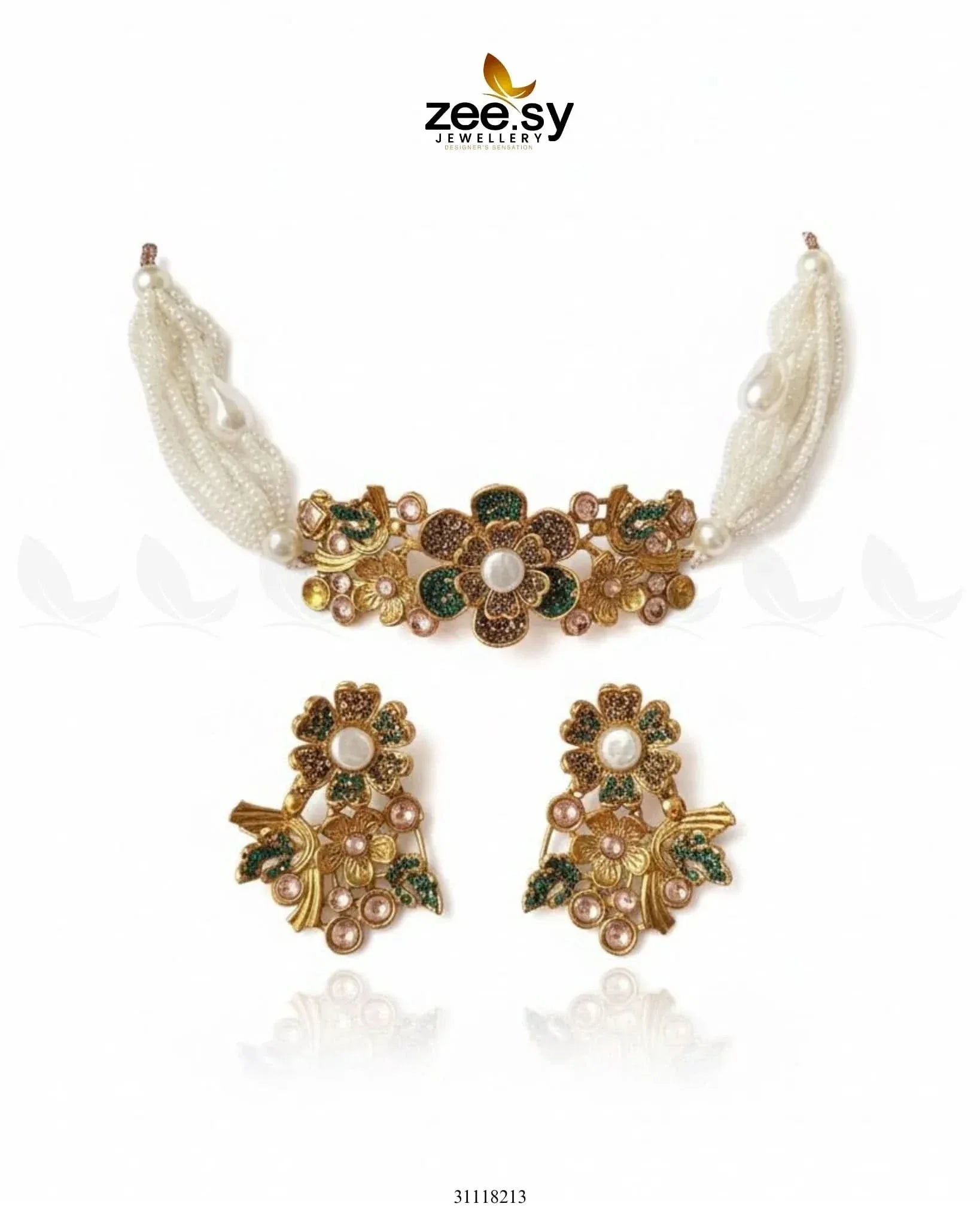 Peony Choker Set Golden Green choker - Zeesy Jewellery Pakistan | Premium Artificial & Imitation Jewellery