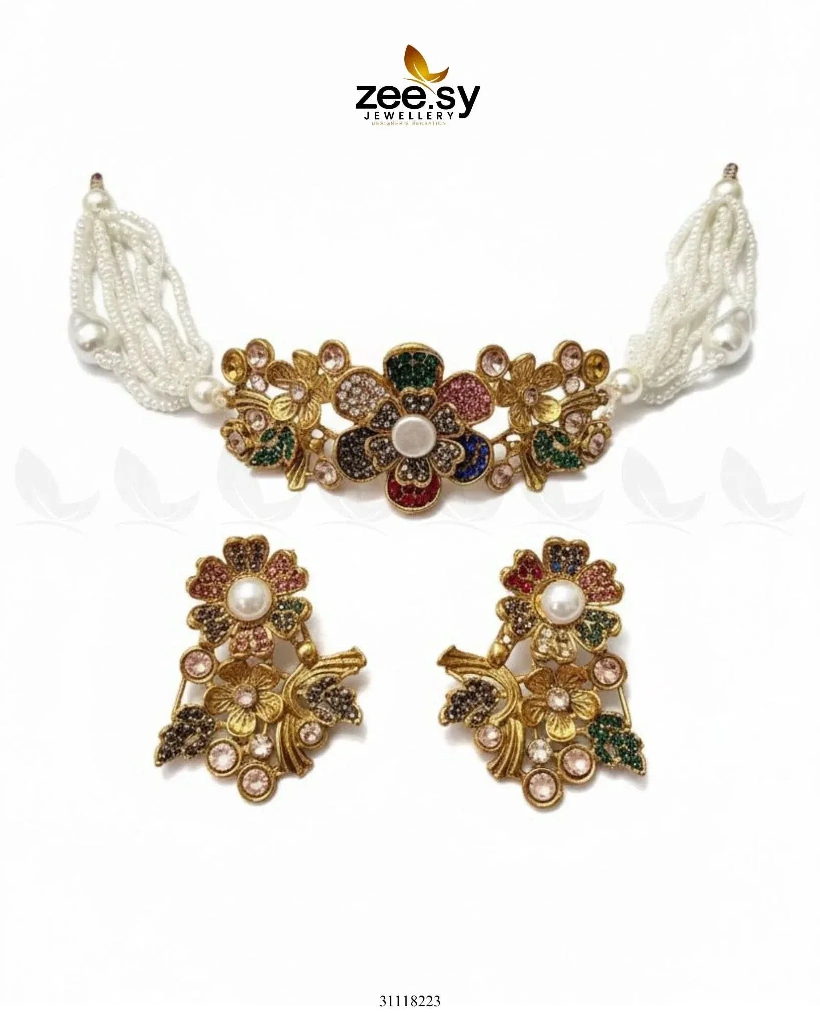 Peony Choker Set Golden Multi choker - Zeesy Jewellery Pakistan | Premium Artificial & Imitation Jewellery