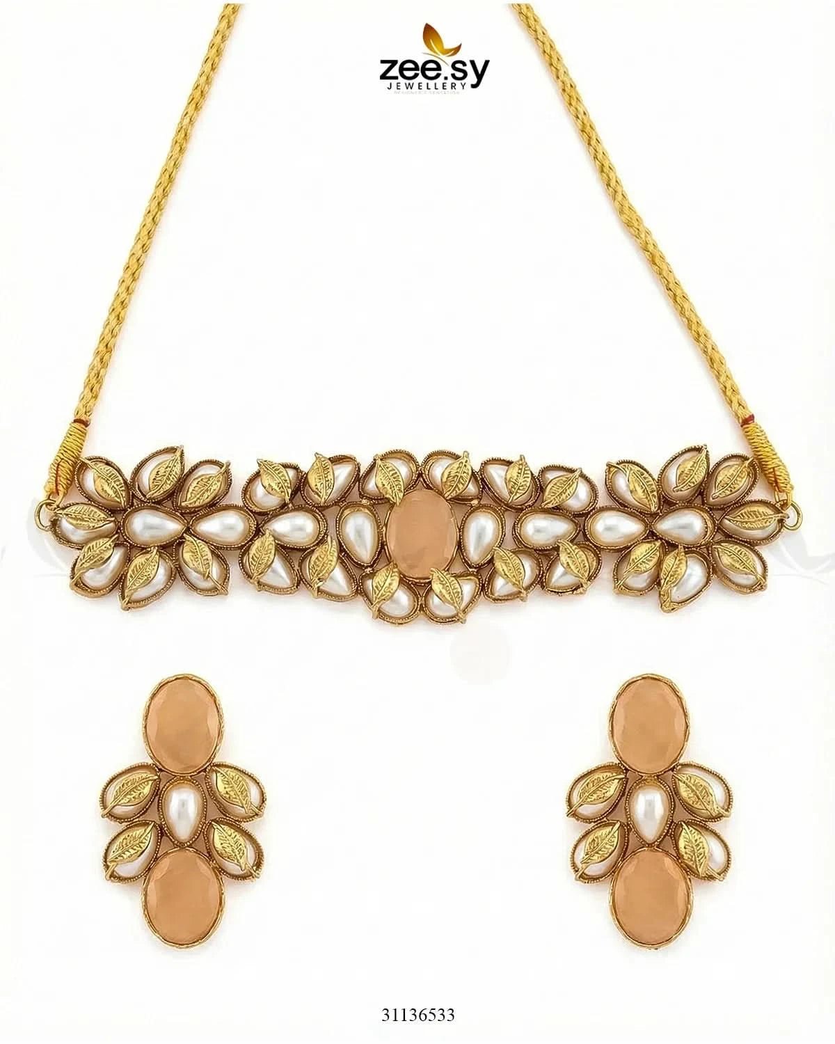 Jennet Baroque Pearl Choker Set Golden Champagne choker - Zeesy Jewellery Pakistan | Premium Artificial & Imitation Jewellery