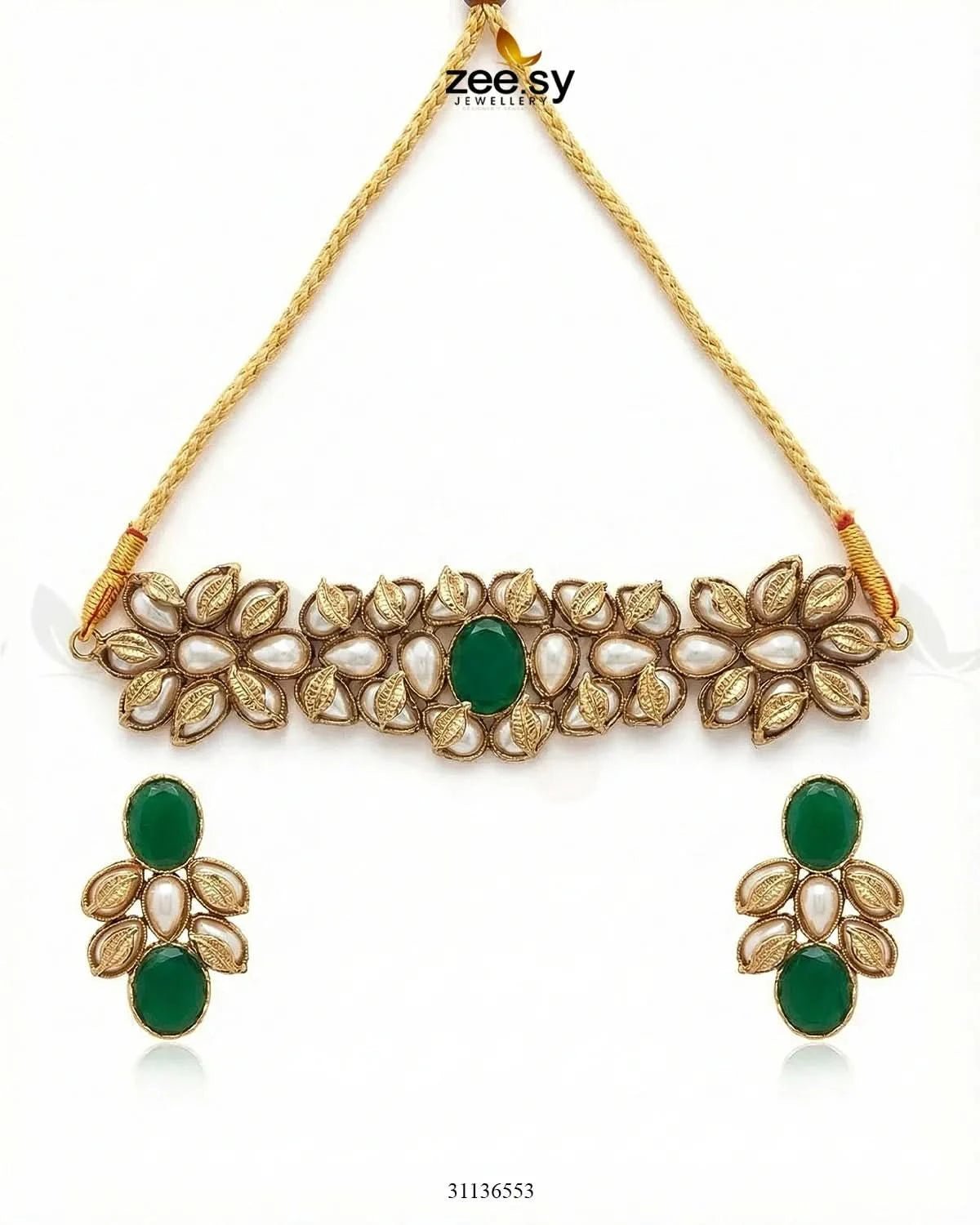 Jennet Baroque Pearl Choker Set Golden Green choker - Zeesy Jewellery Pakistan | Premium Artificial & Imitation Jewellery