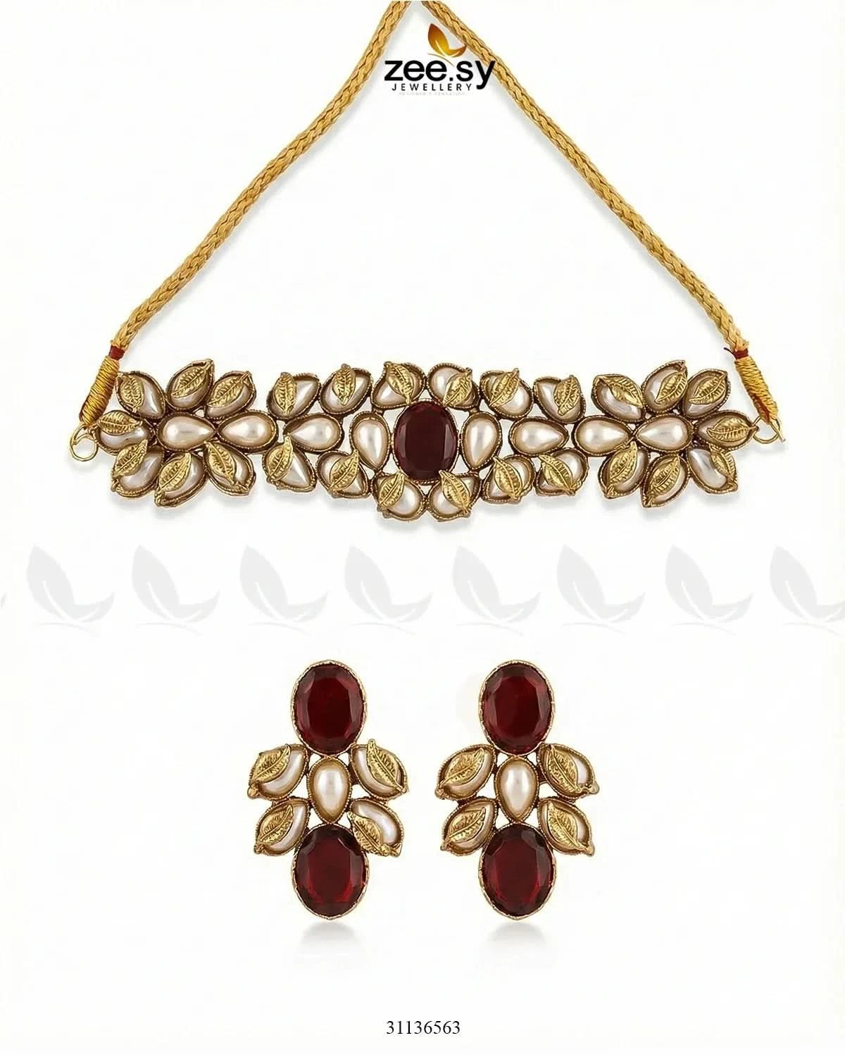 Jennet Baroque Pearl Choker Set Golden Red choker - Zeesy Jewellery Pakistan | Premium Artificial & Imitation Jewellery