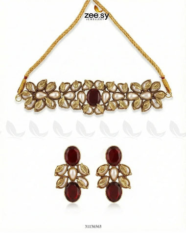 Jennet Baroque Pearl Choker Set Golden Red choker - Zeesy Jewellery Pakistan | Premium Artificial & Imitation Jewellery