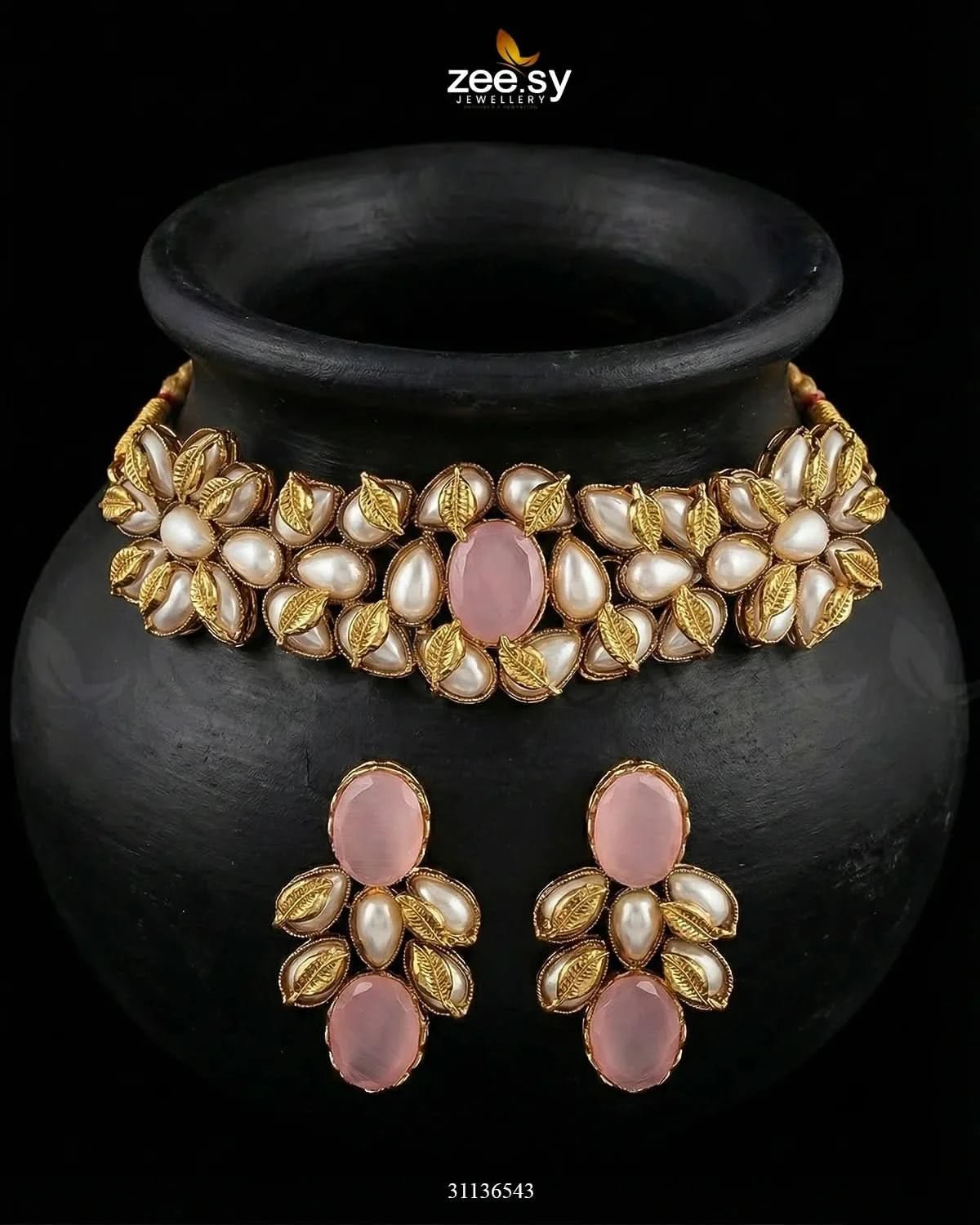 Jennet Baroque Pearl Choker Set Golden Mint Pink choker - Zeesy Jewellery Pakistan | Premium Artificial & Imitation Jewellery