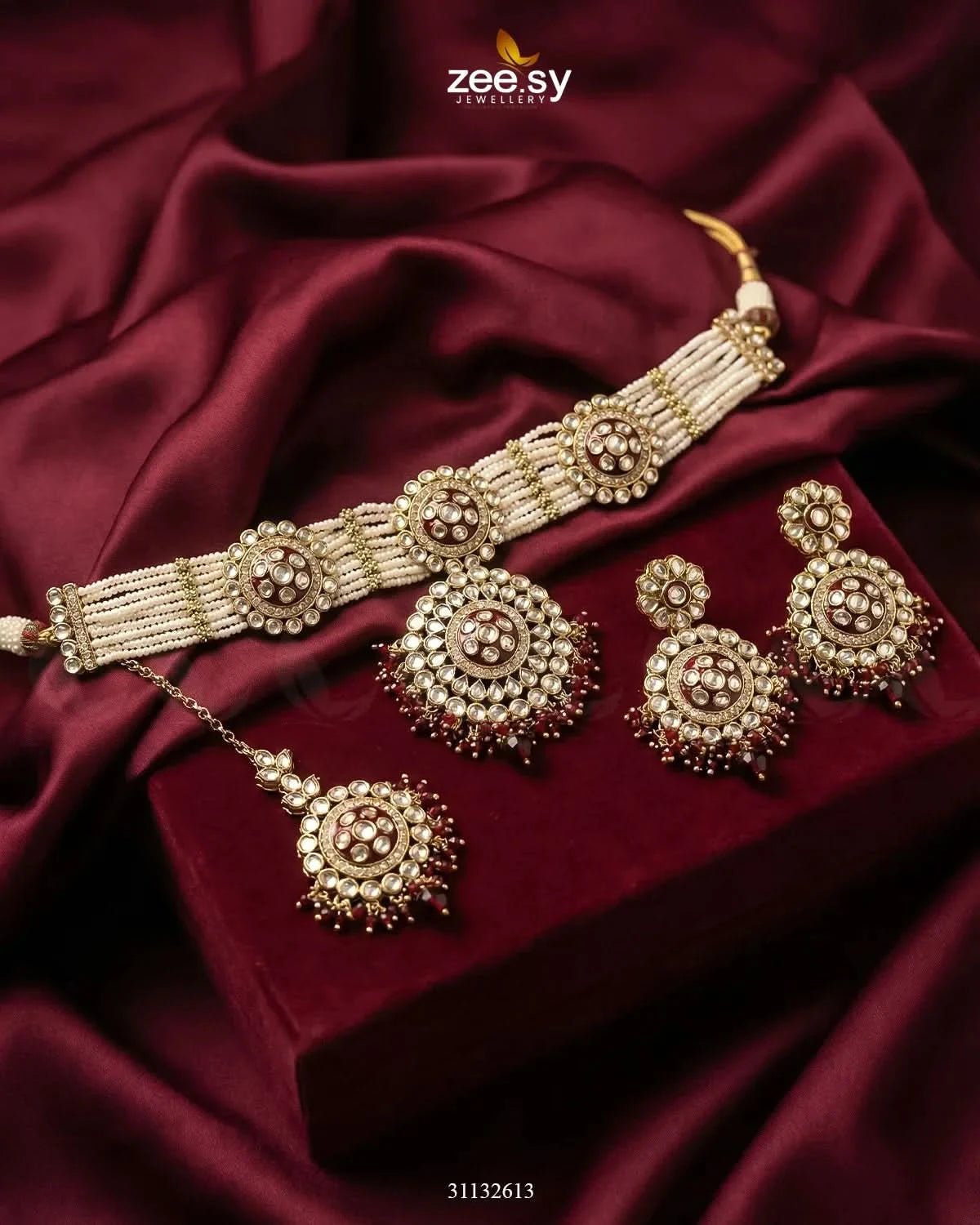 Mehar Pearl Kundan Choker Set Golden Red choker - Zeesy Jewellery Pakistan | Premium Artificial & Imitation Jewellery