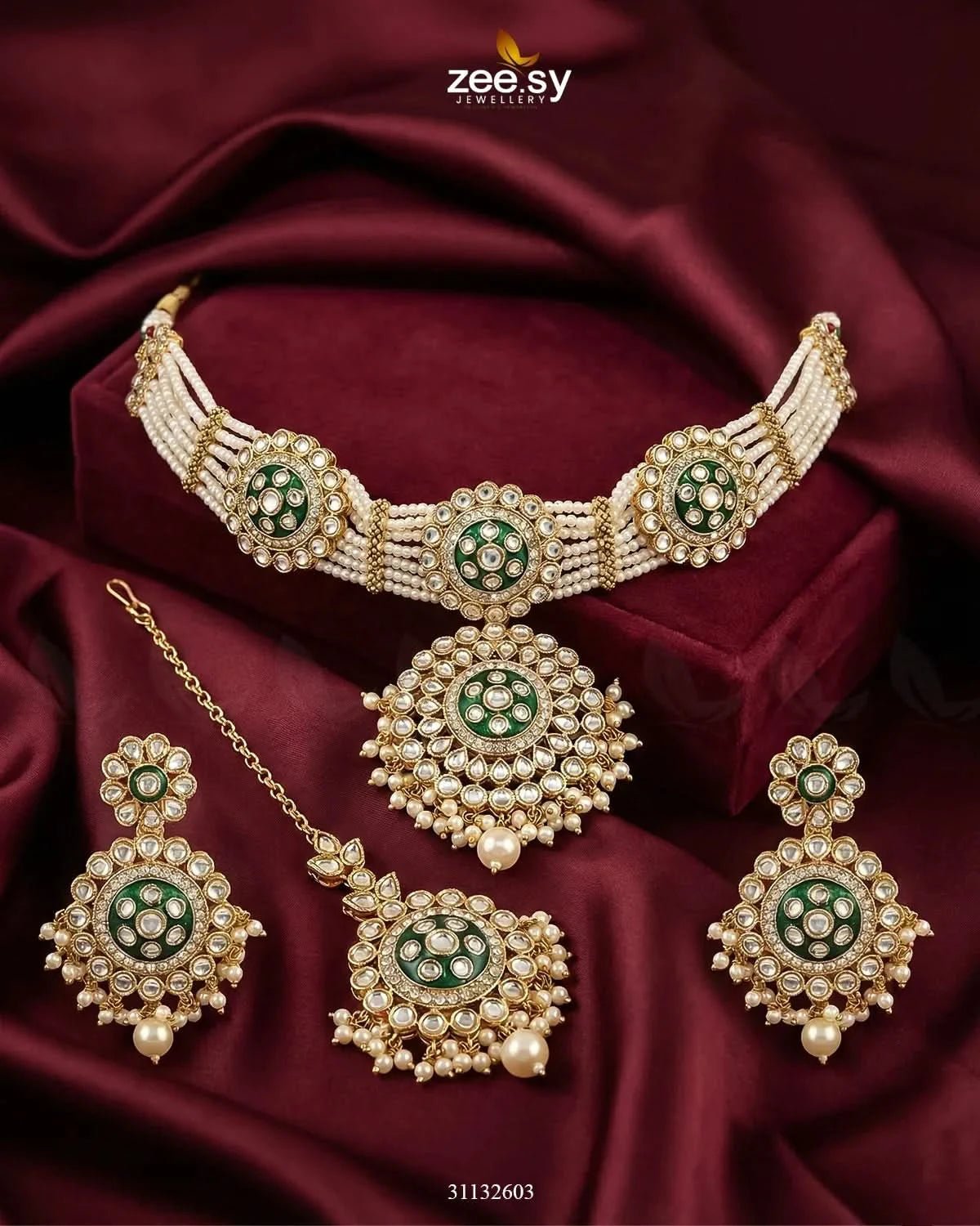 Mehar Pearl Kundan Choker Set Golden Pearl Green choker - Zeesy Jewellery Pakistan | Premium Artificial & Imitation Jewellery