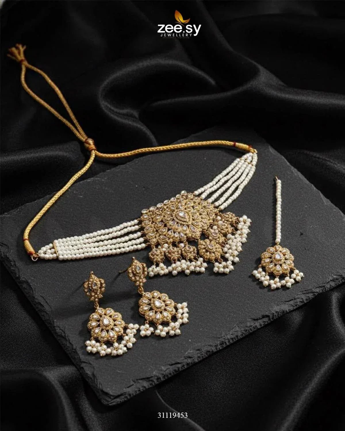 Compass Choker Set Golden White choker - Zeesy Jewellery Pakistan | Premium Artificial & Imitation Jewellery