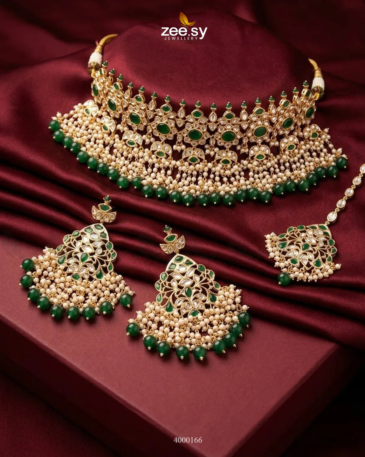 Cinnabar Bold Pearl Necklace Set Golden Green Necklace Sets - Zeesy Jewellery Pakistan | Premium Artificial & Imitation Jewellery