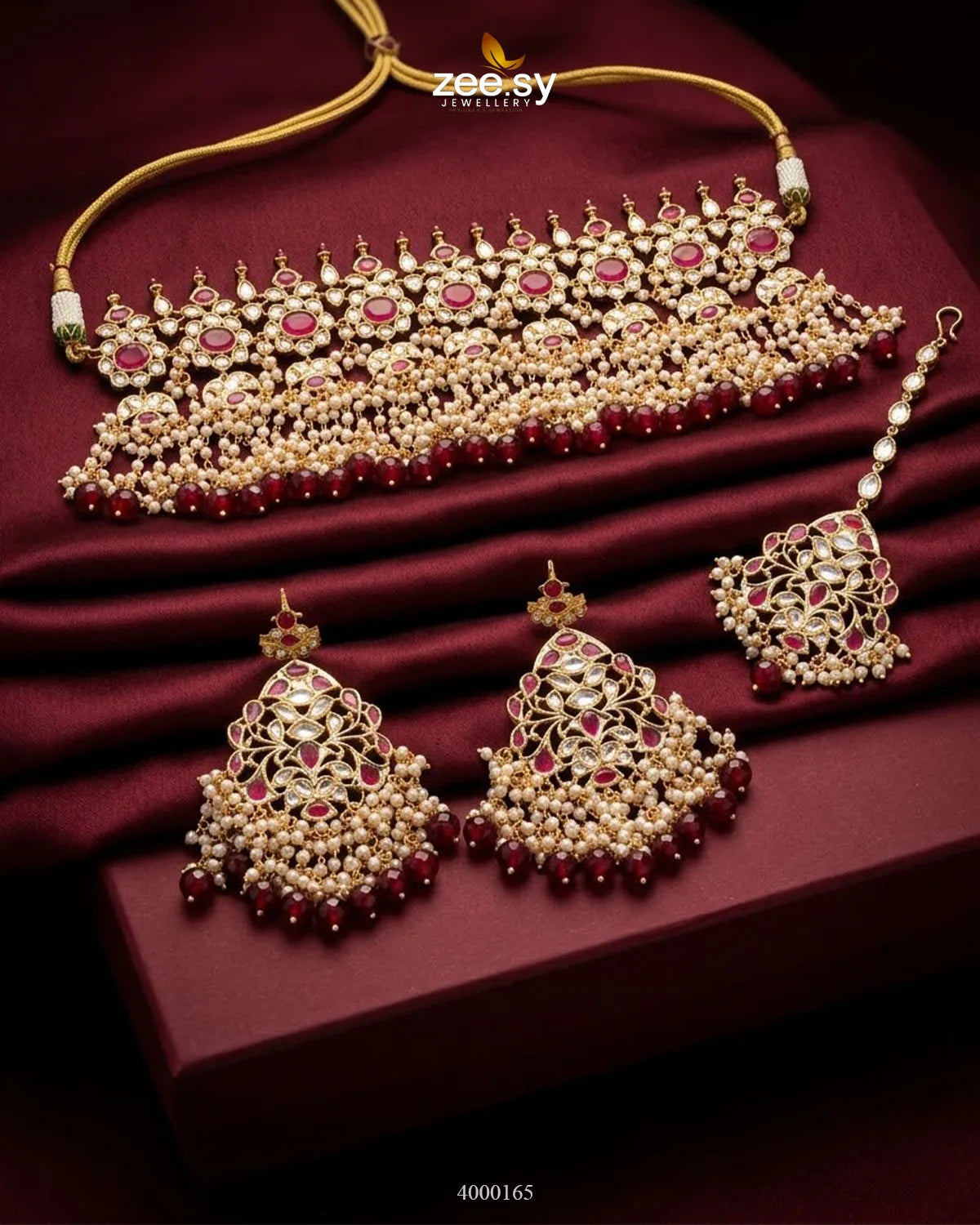 Cinnabar Bold Pearl Necklace Set Golden Red Necklace Sets - Zeesy Jewellery Pakistan | Premium Artificial & Imitation Jewellery