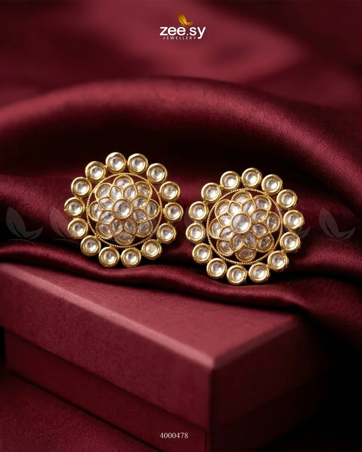 Circular Halo Polki Tops Earrings Golden White Earrings - Zeesy Jewellery Pakistan | Premium Artificial & Imitation Jewellery