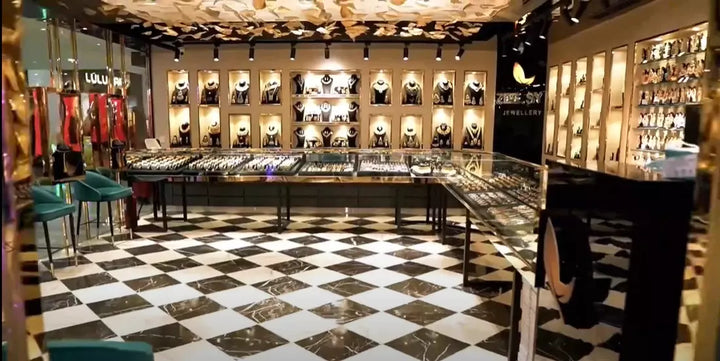 High-end jewelry store interior featuring premium display showcases and elegant décor
