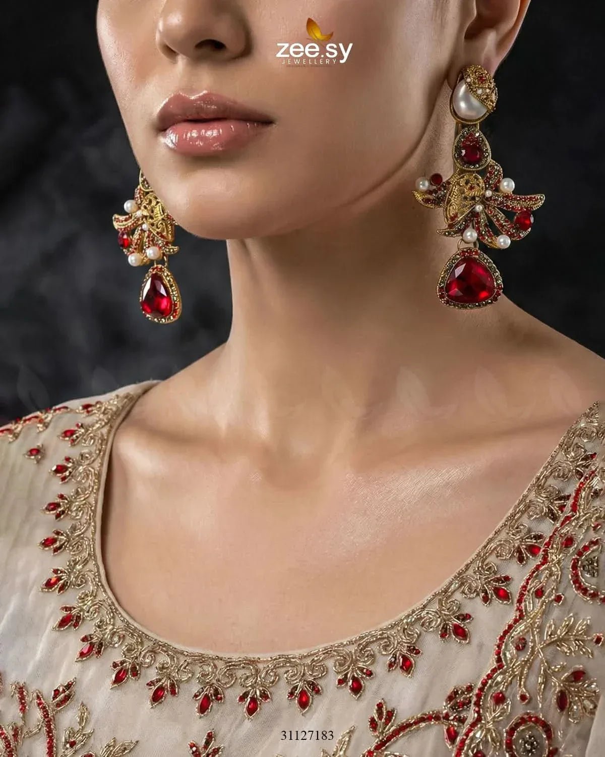 Bella Ruby Statement Drop Earrings Earrings - Zeesy Jewellery Pakistan | Premium Artificial & Imitation Jewellery