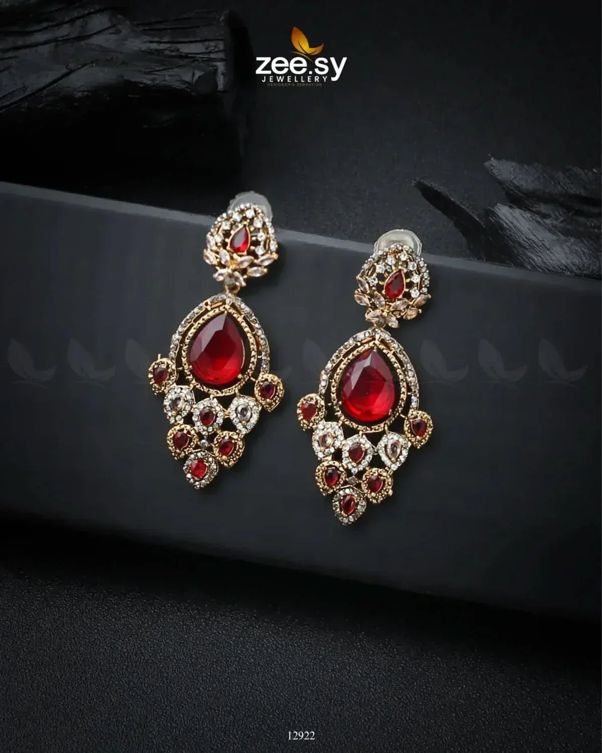 Hibiscus Earrings Golden Red Earrings - Zeesy Jewellery Pakistan | Premium Artificial & Imitation Jewellery