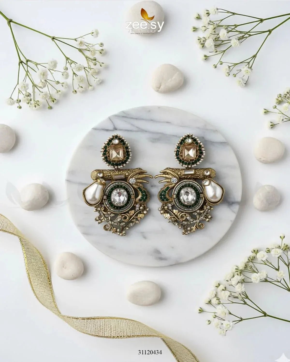 Regal Multi Baroque Drop Earrings Golden Green Earrings - Zeesy Jewellery Pakistan | Premium Artificial & Imitation Jewellery