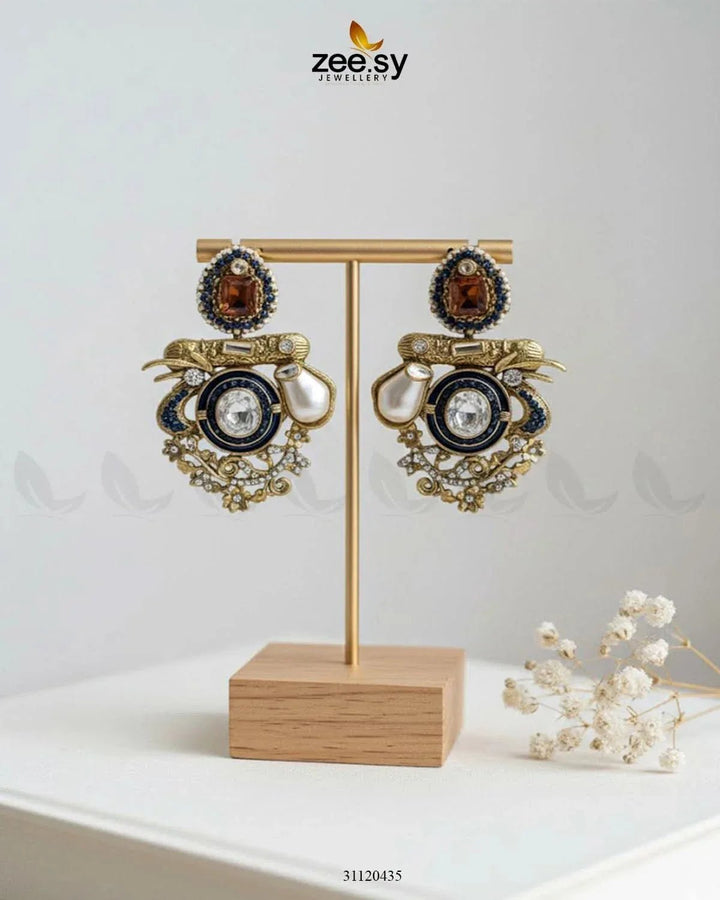 Regal Multi Baroque Drop Earrings Golden Blue Earrings - Zeesy Jewellery Pakistan | Premium Artificial & Imitation Jewellery