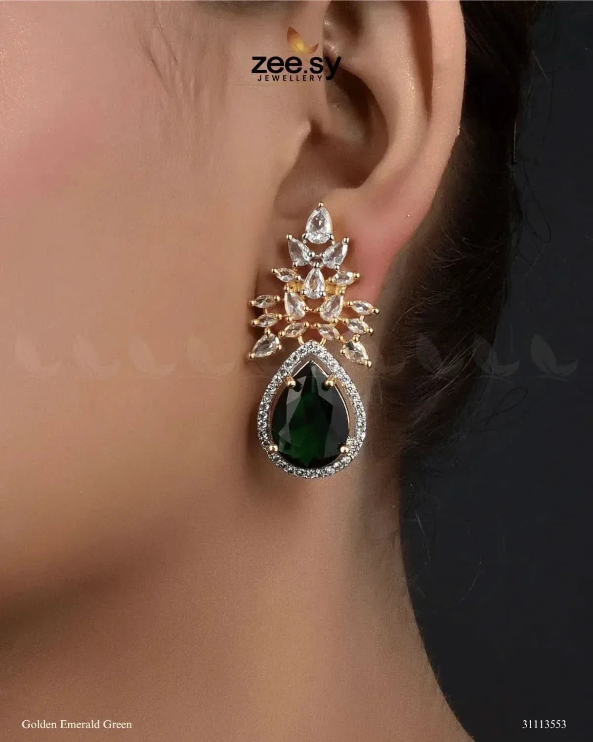 Ivy Earrings Golden Emerald Green Earrings - Zeesy Jewellery Pakistan | Premium Artificial & Imitation Jewellery