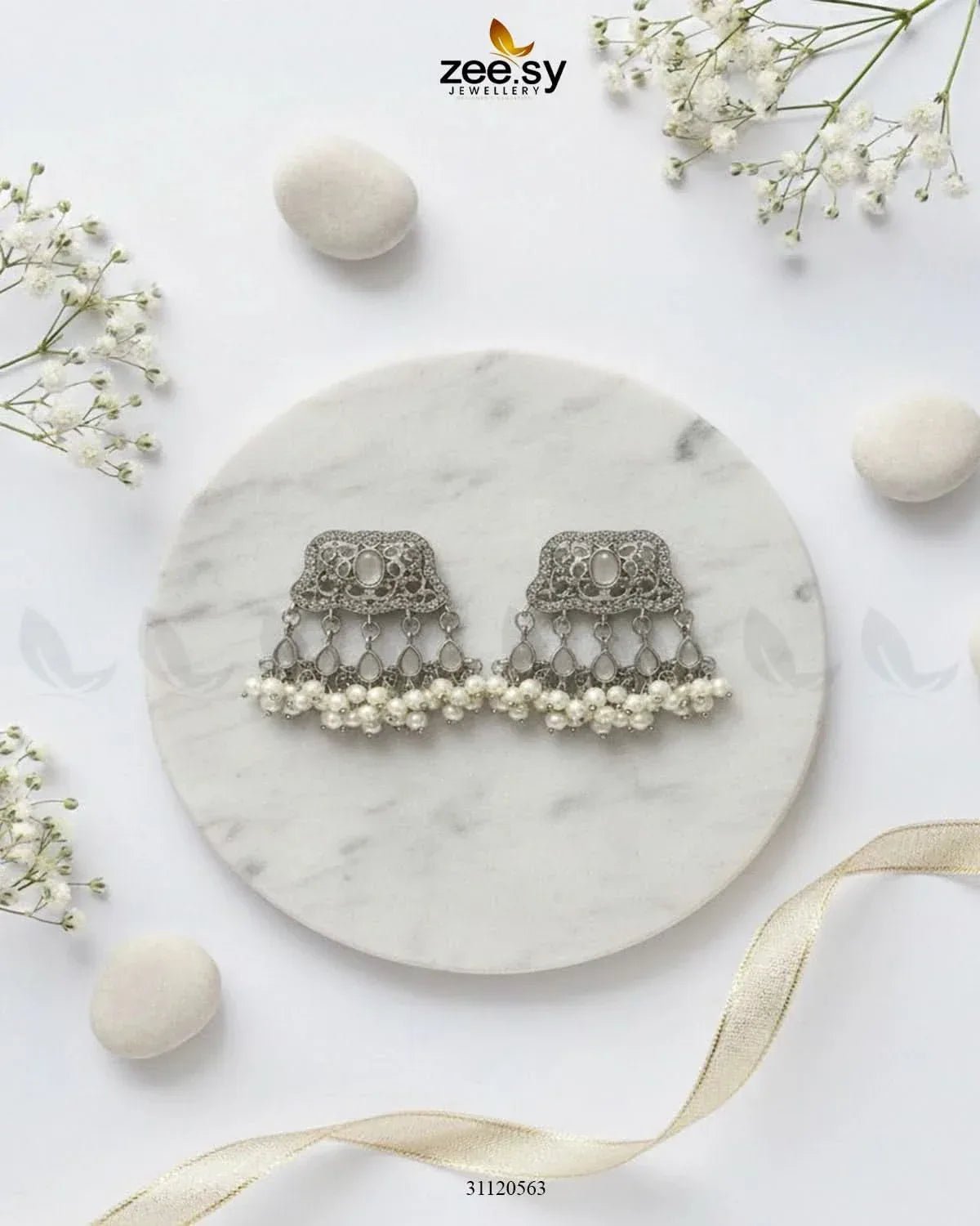 Elegant Tassel Moti Work Earrings Silver White Earrings - Zeesy Jewellery Pakistan | Premium Artificial & Imitation Jewellery