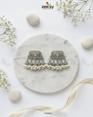 Elegant Tassel Moti Work Earrings Silver White Earrings - Zeesy Jewellery Pakistan | Premium Artificial & Imitation Jewellery