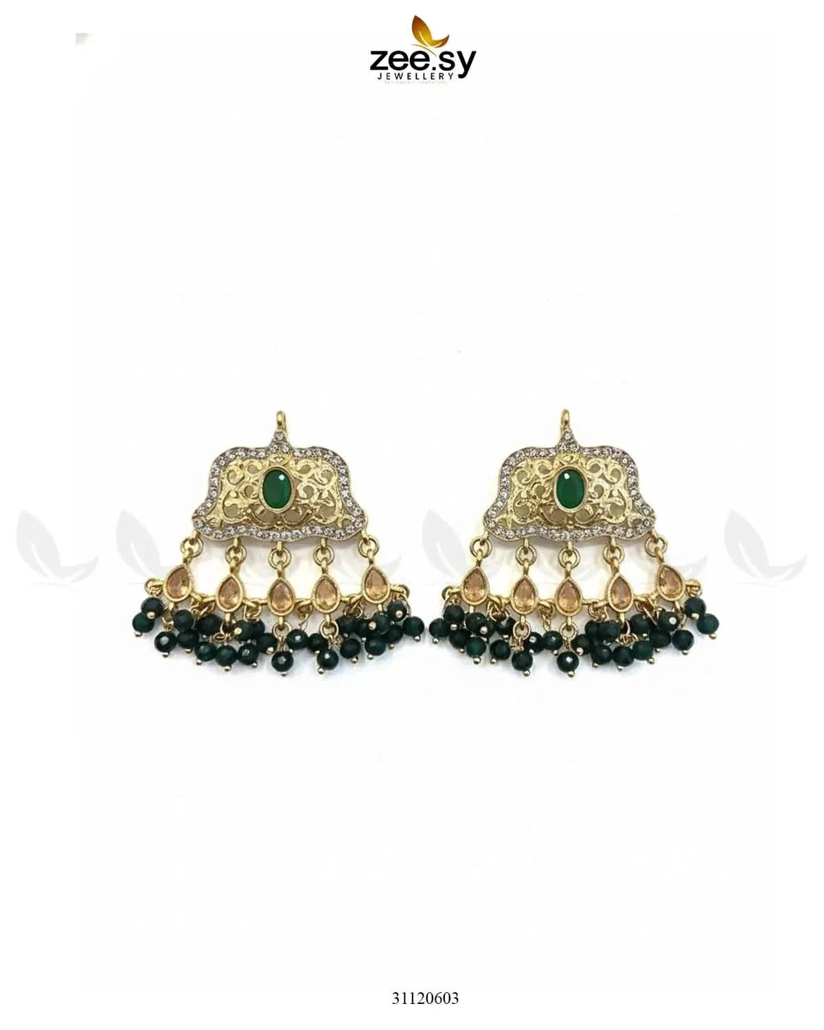 Elegant Tassel Moti Work Earrings Golden Green Earrings - Zeesy Jewellery Pakistan | Premium Artificial & Imitation Jewellery